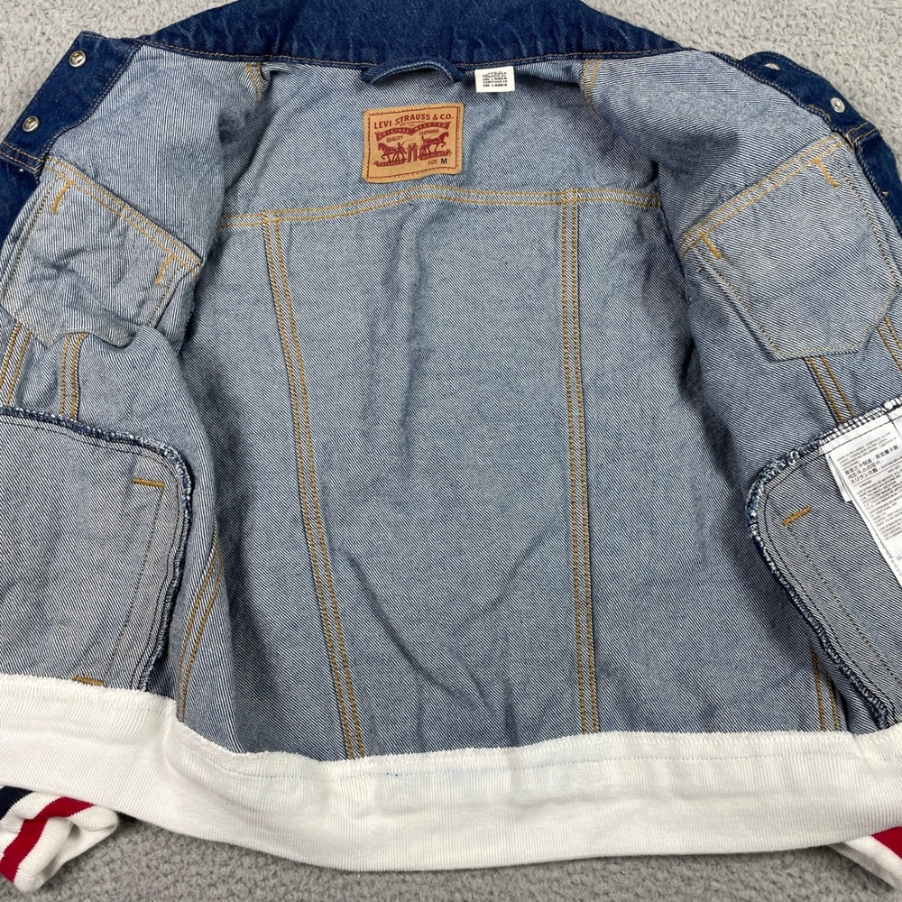Levis Trucker Denim Jacket Womens‎ Medium Blue Varsity Stripe Ribbed Trim Cotton - Picture 4 of 12
